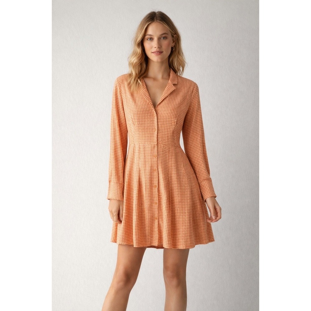 & Other Stories Paris Atelier Orange Houndstooth Button Mini Dress US 4 Retro